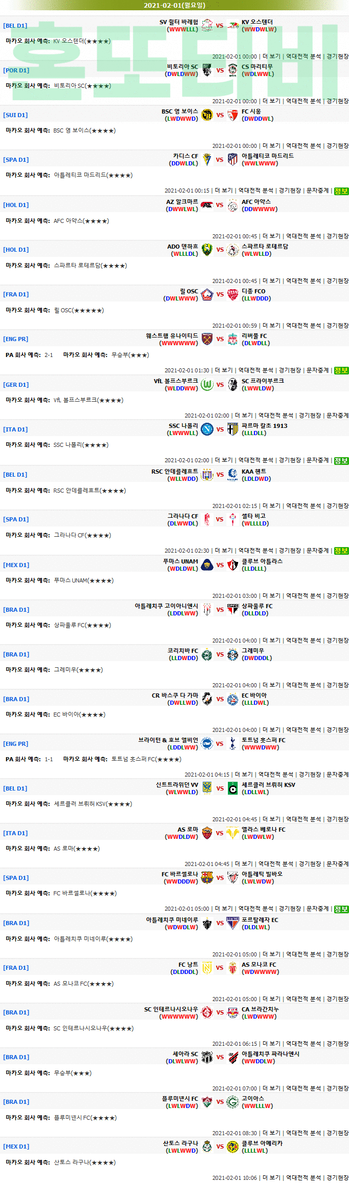 [마카오분석] 2월 1일 새벽 해외축구 추천픽