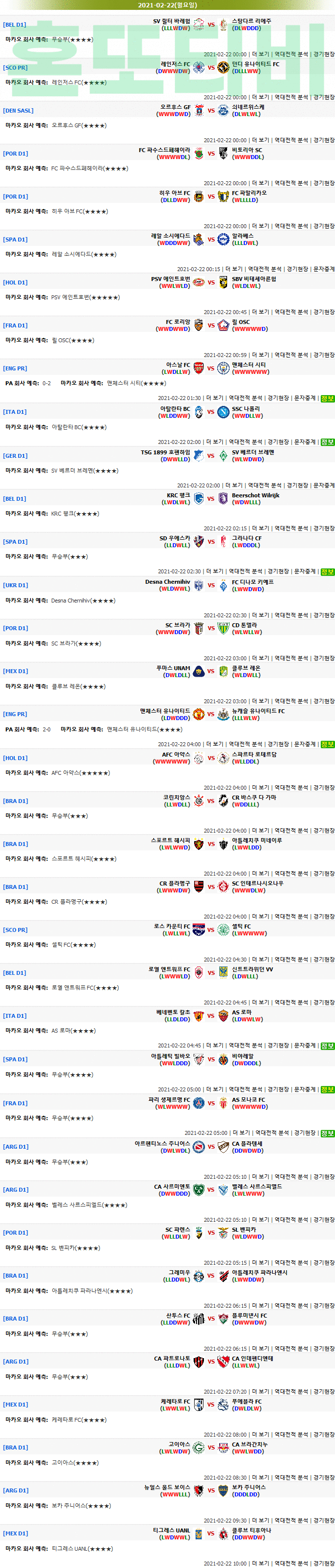 [마카오분석] 2월 22일(새벽) 모든해외축구 추천픽