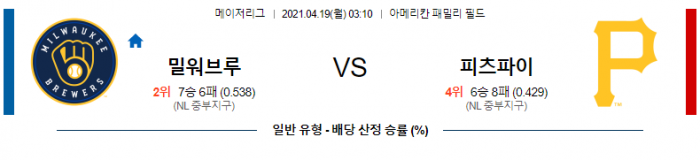 4월 19일  밀워키 : 피츠버그 [MLB분석,무료중계사이트]