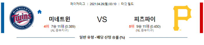 4월 26일  미네소타 : 피츠버그 [MLB분석,무료중계사이트]