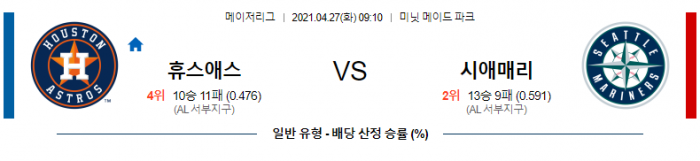 4월 27일  휴스턴 : 시애틀 [MLB분석,무료중계사이트]