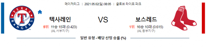 5월 2일  텍사스 : 보스턴 [MLB분석,무료중계사이트]