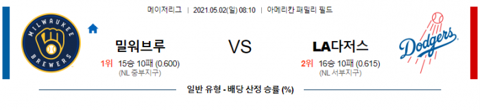 5월 2일  밀워키 : LA다저스 [MLB분석,무료중계사이트]