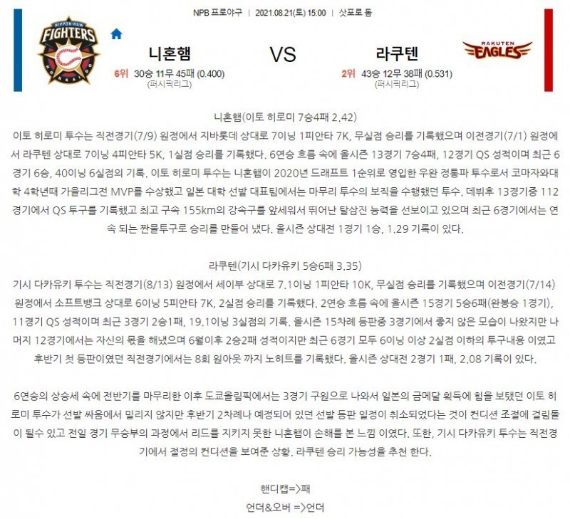 [NPB 분석] 8월21일 니혼햄 vs 라쿠텐